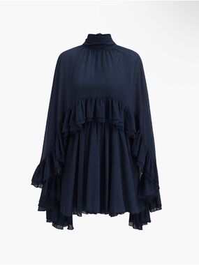 Commense Navy Semi-Sheer Chiffon Ruffle Dress with Outer Cape in XL